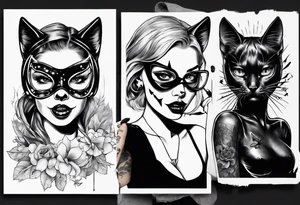the face of a girl in a black cat mask who licks the plane with her tongue tattoo idea