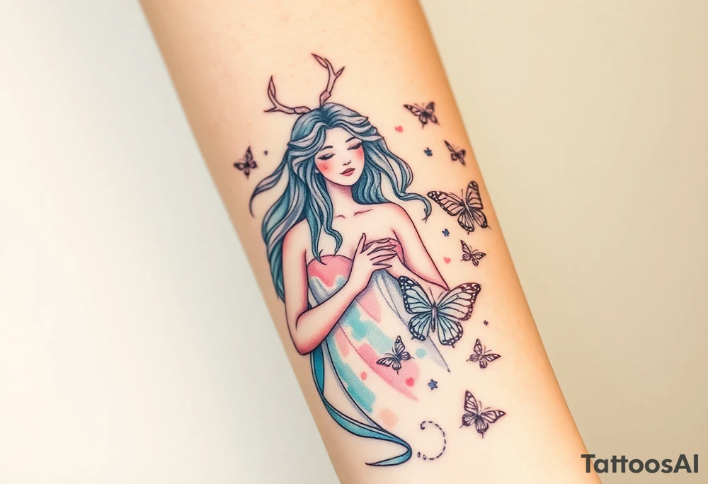 A Virgo maiden surrounded by floating butterflies, in soft pastel colors, representing transformation and grace tattoo idea