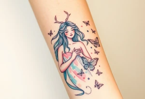A Virgo maiden surrounded by floating butterflies, in soft pastel colors, representing transformation and grace tattoo idea