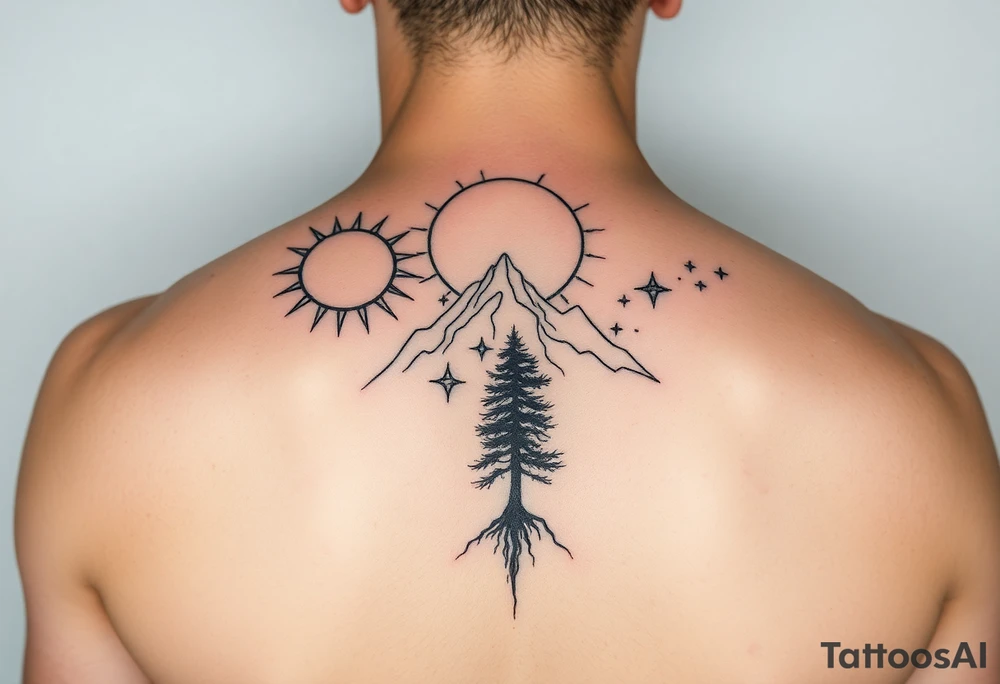 sun, moon, stars, mountain, tree
太陽、月、星、木 tattoo idea