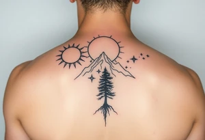 sun, moon, stars, mountain, tree
太陽、月、星、木 tattoo idea