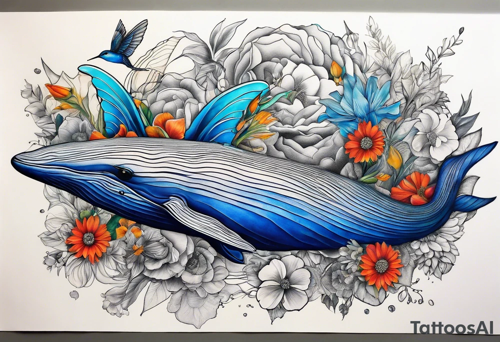 Surrealism, blue whale, hummingbird, gray lady face, flowers, bold color, collage tattoo idea