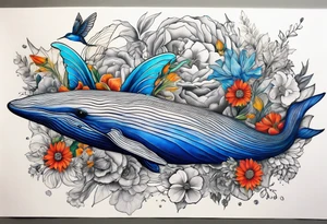 Surrealism, blue whale, hummingbird, gray lady face, flowers, bold color, collage tattoo idea