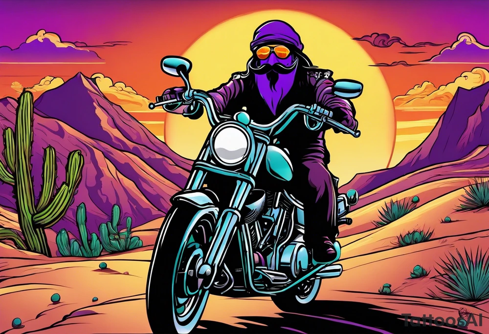 A single eyeball with arms & legs & a mustache riding a motorcycle with flames coming out the pipes. The rider should be face on and there should be a desert sunset scene in the background. Use greens and purples for the desert scene tattoo idea