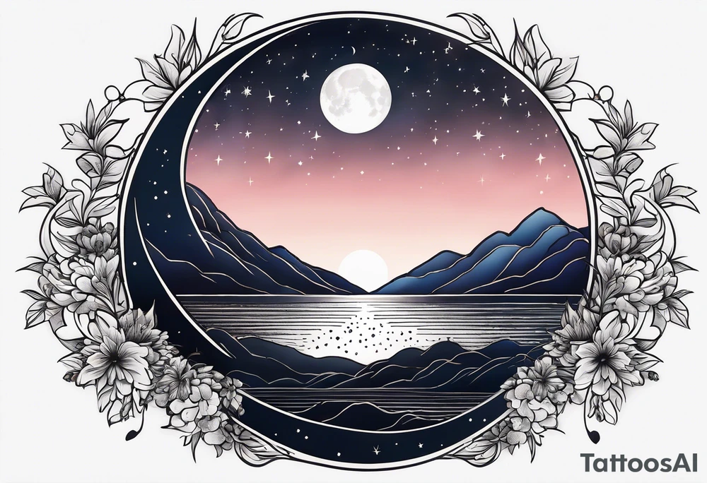 A crescent moon surrounded by the subtle glow of twilight, with faint stars in the background. The moon could have beams of light gently guiding the way forward, perhaps with a horizon line at the bottom. tattoo idea