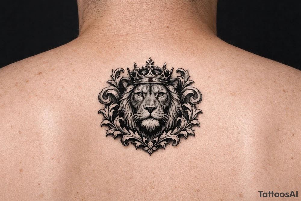 powerful majestic lion with a crown, framed by ornate floral scrollwork tattoo idea