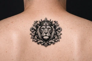 powerful majestic lion with a crown, framed by ornate floral scrollwork tattoo idea