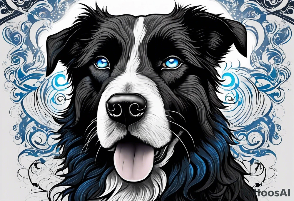 Sheepdog all black short hair with white nose one eye open one eye closed . Muay Thai symbol behind him with a pair of blue cat eyes at the botttom and lots of elegant swirls around tattoo idea