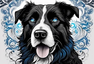 Sheepdog all black short hair with white nose one eye open one eye closed . Muay Thai symbol behind him with a pair of blue cat eyes at the botttom and lots of elegant swirls around tattoo idea