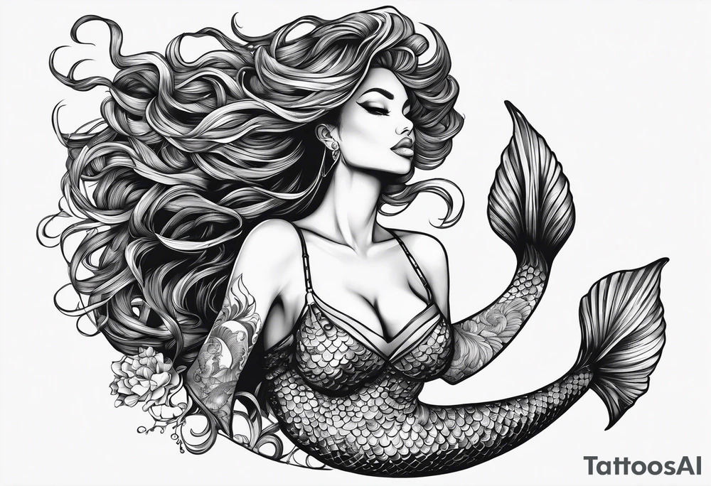 A Black mermaid with dread hairs going up in the air, with a shell bra and a nice long fish tail tattoo idea