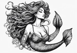 A Black mermaid with dread hairs going up in the air, with a shell bra and a nice long fish tail tattoo idea