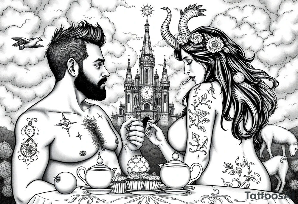 Naked Man and fat woman having sex eating cupcakes and  fruit  having sexy naked fat lady having a tea party with tea pots  with medieval castle  
with mystical  aries a pigs, peacock,  lion, goat, noose and smoking cigerettes looking in the mirror thru storm clouds and broken hearts and darkness and wrath, envy , gluttony, greed, sloth, pride . Gothic tattoo idea