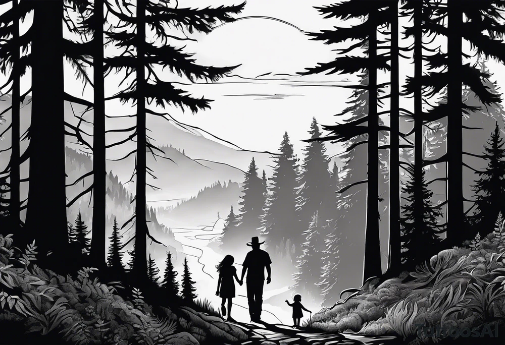 A shadow of a father and wife and young son and young daughter  walking through the Pacific Northwest Forrest.. Trust in God tattoo idea
