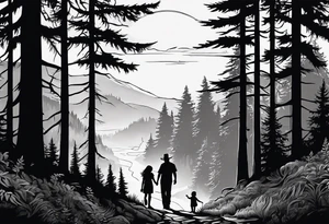 A shadow of a father and wife and young son and young daughter  walking through the Pacific Northwest Forrest.. Trust in God tattoo idea