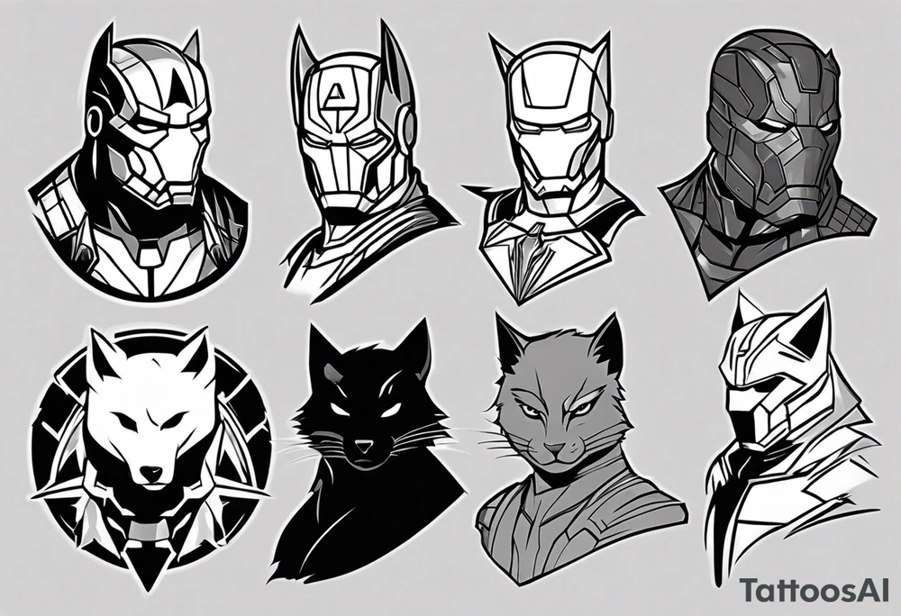I want to change Avengers Team characters with animals. Hulk will be Badger, Thor will be Alpha Grey Wolf, Captain America will be Bull, Iron Man will be Canary, Black Widow will be Axolotl, Hawk Eye will be Sudan Plated Lizard and Nick Fury will be Cat. tattoo idea