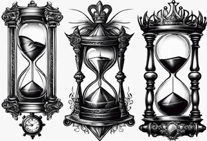 hourglass with feathers, a crown with a diamond and a pocket watch tattoo idea