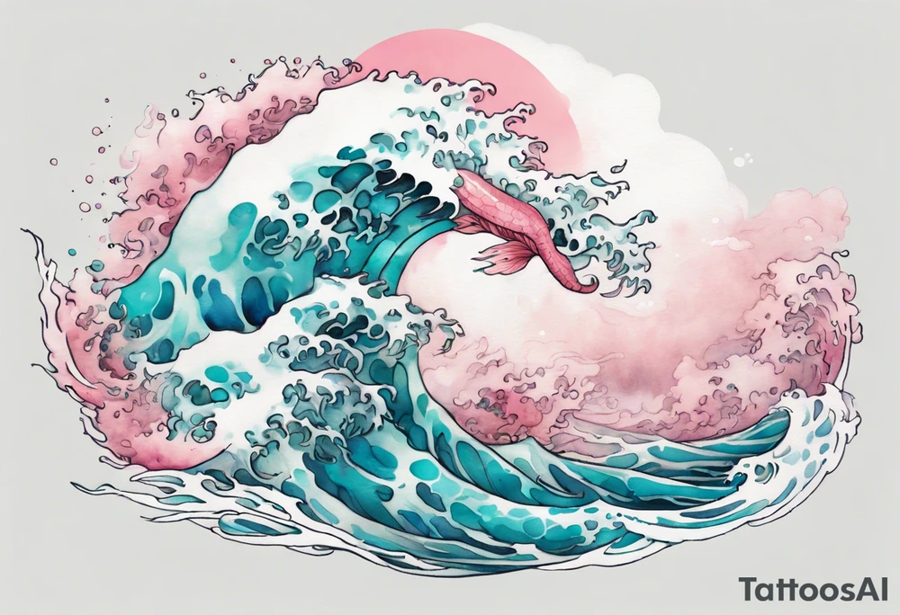 a beautiful turquoise and white and pink Leviathan rising from the blue waves of the ocean tattoo idea