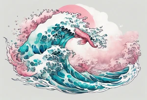 a beautiful turquoise and white and pink Leviathan rising from the blue waves of the ocean tattoo idea