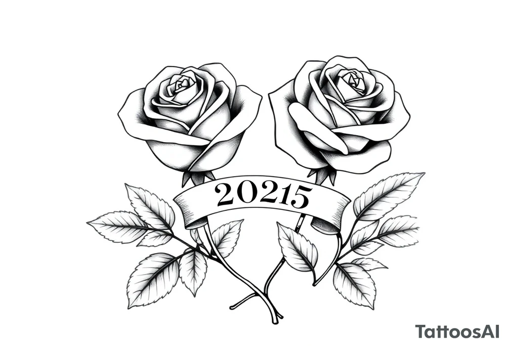 two beautiful large rose buds, one larger than the other, with many leaves next to the rose buds, with one sitting higher than the other. Include a banner connecting the two roses with "2025" on it.   Use dark outlines with little shading. The two stems should be short, not long, and connect and join into one stem, whimsically curved or twisted - not straight down. tattoo idea