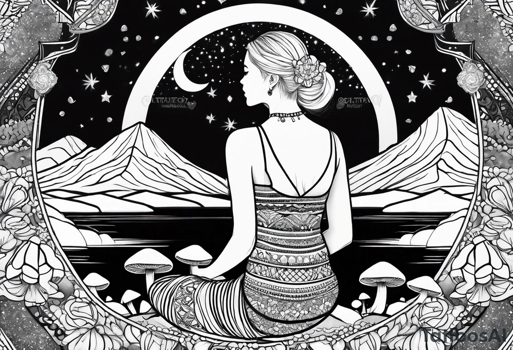 Straight blonde hair girl meditating facing away toward mountains surrounded by mushrooms crescent moon mandala circular design black and white striped dress tattoo idea