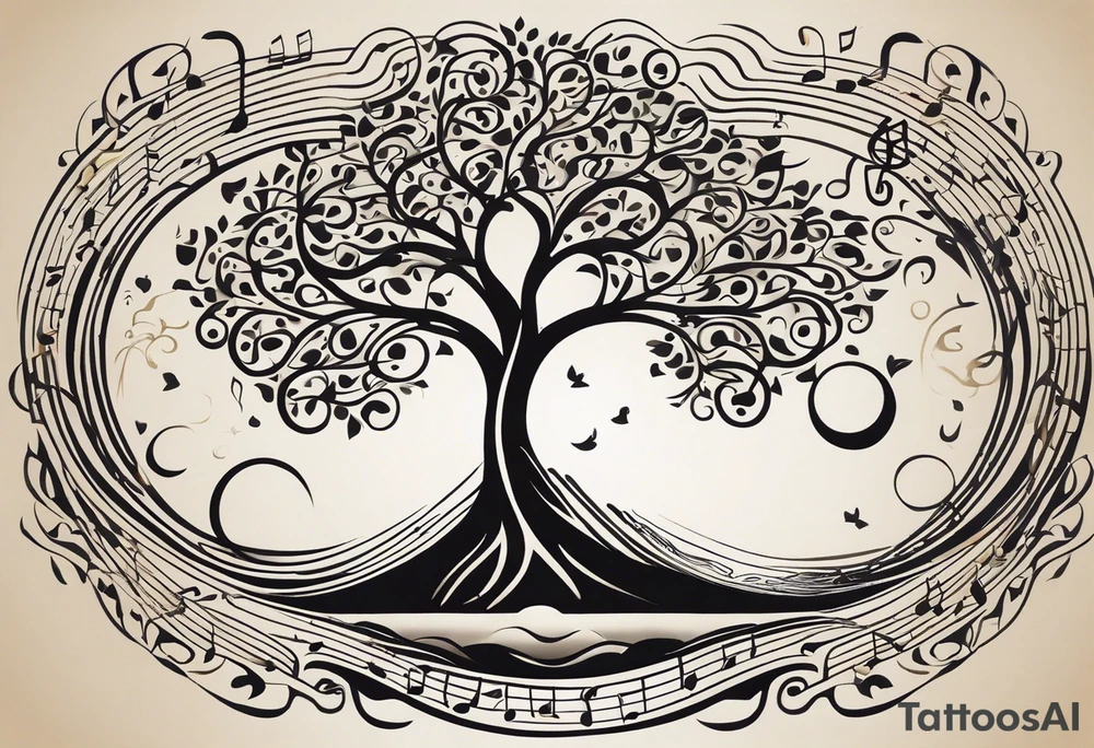 A tattoo design that incorporates the following elements: an abstract tree of life that has roots emerging  from the ground. Waves of water wrap around the tree in a non symmetrical design.  Incorporate musical notes into the tree. the letters U and A are overlapping and engraved into the tree. incorporate a golf ball or golf course symbols like a flag but not prominent. tattoo idea