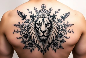 powerful majestic lion with a crown, surrounded by floral ornaments and birds tattoo idea