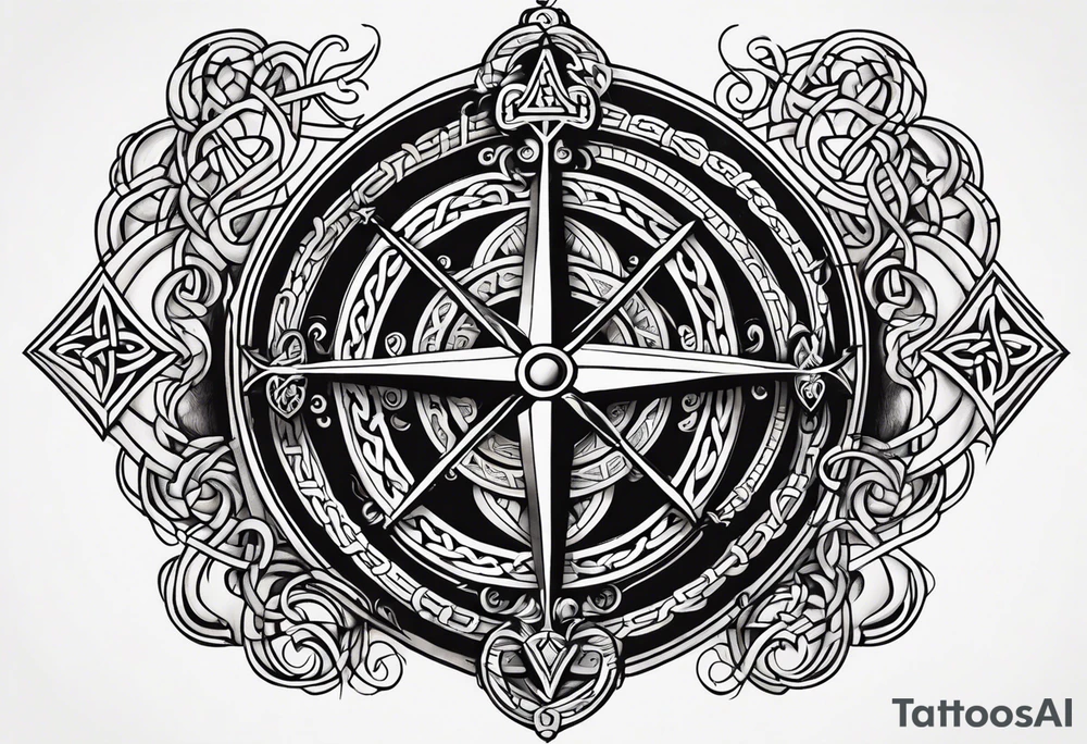 Celtic styling, anchor, compass, bass clef note, treble clef note, dog paw print, half sleeve, forearm tattoo idea