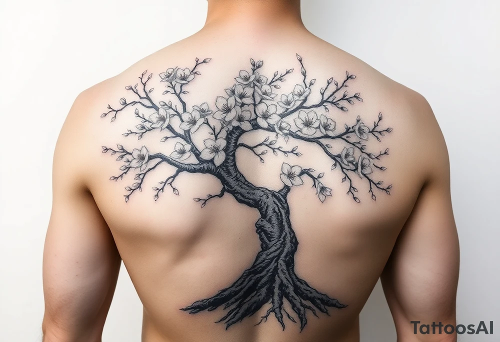 japanese cherry blossom tree as a side tattoo that goes into a chest piece and a left arm sleeve with the roots being below the waste line tattoo idea