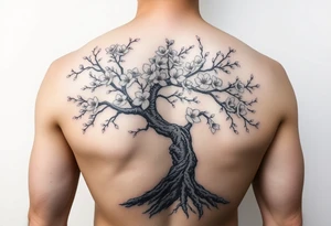 japanese cherry blossom tree as a side tattoo that goes into a chest piece and a left arm sleeve with the roots being below the waste line tattoo idea