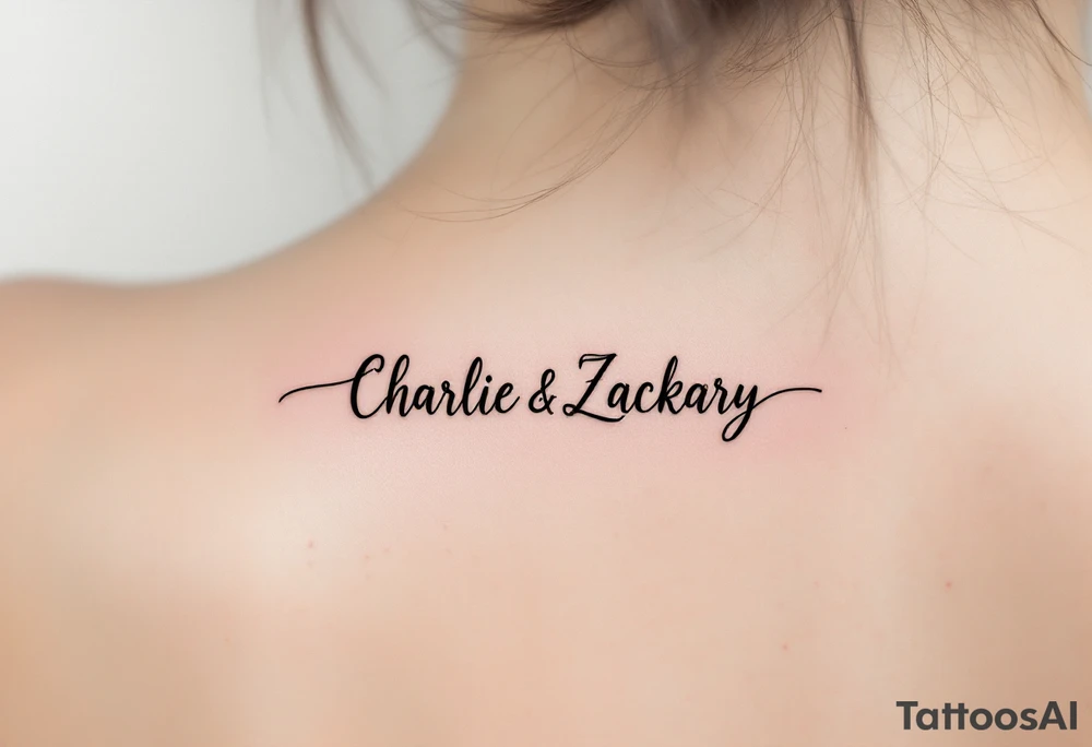 Create a delicate tattoo design that seamlessly integrates the names "Charlie" and "Zackary" in graceful, flowing cursive. Enclose the names within a softly stylized symbol that embodies strength and unity. add other symbol with it tattoo idea