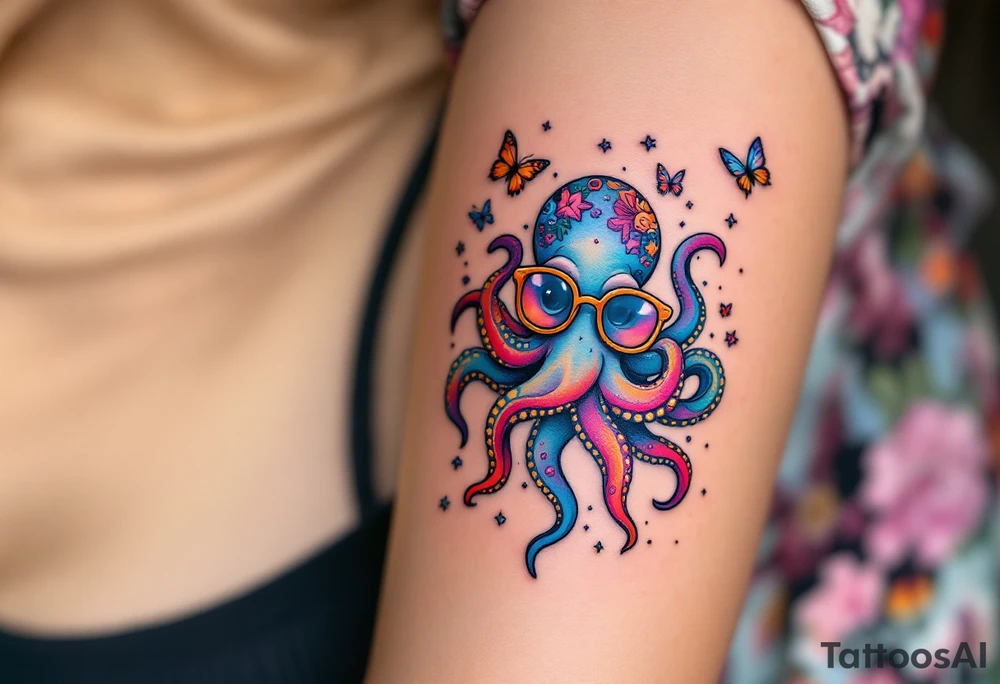 cute octopus, wearing glasses, friendly, surrounded by butterflies and oceanic items tattoo idea