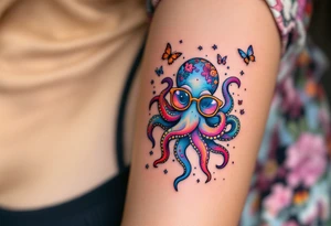 cute octopus, wearing glasses, friendly, surrounded by butterflies and oceanic items tattoo idea