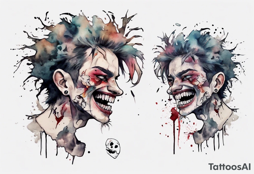 a pale biped with messy hair, black eyes, and mouth full of broken teeth tattoo idea