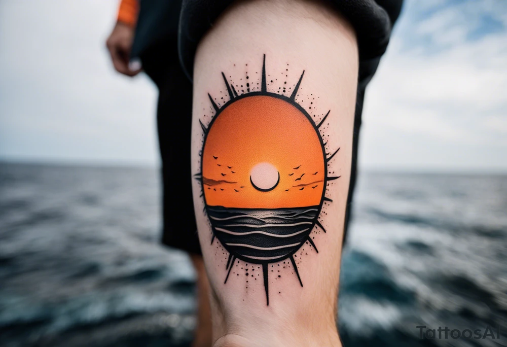 This is an extremely simple and minimalistic tattoo placed on male forearm. It is black and white with tiny splashes of orange from the sun. The tattoo is 4 inches wide by 2 inches tall. From the perspective of being on the ocean, the water is calm, with no waves in sight, the sun is setting behind the ocean, reflecting light onto the water. Most importantly, the tattoo in the shape of a rectangle, 4 inches wide by 2 inches tall. The water has shading. tattoo idea
