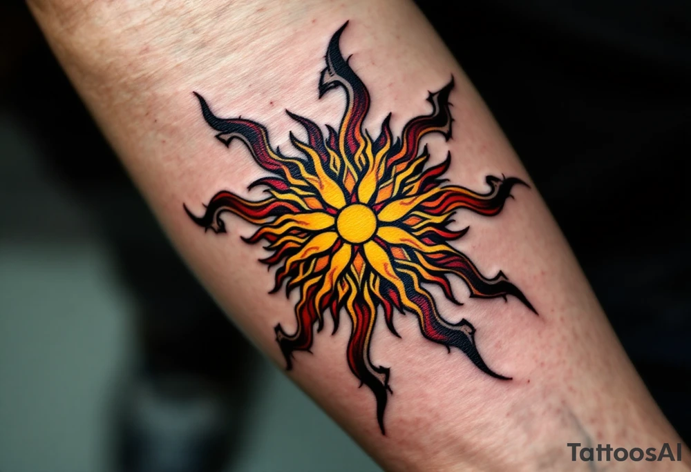 The fiery blend of red, yellow, and black in this Celtic sun tattoo creates a tribal blaze on the thigh. tattoo idea