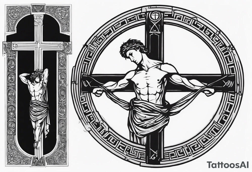 Crucified man inside a circle of Roman numerals with roman numerals on it tattoo idea