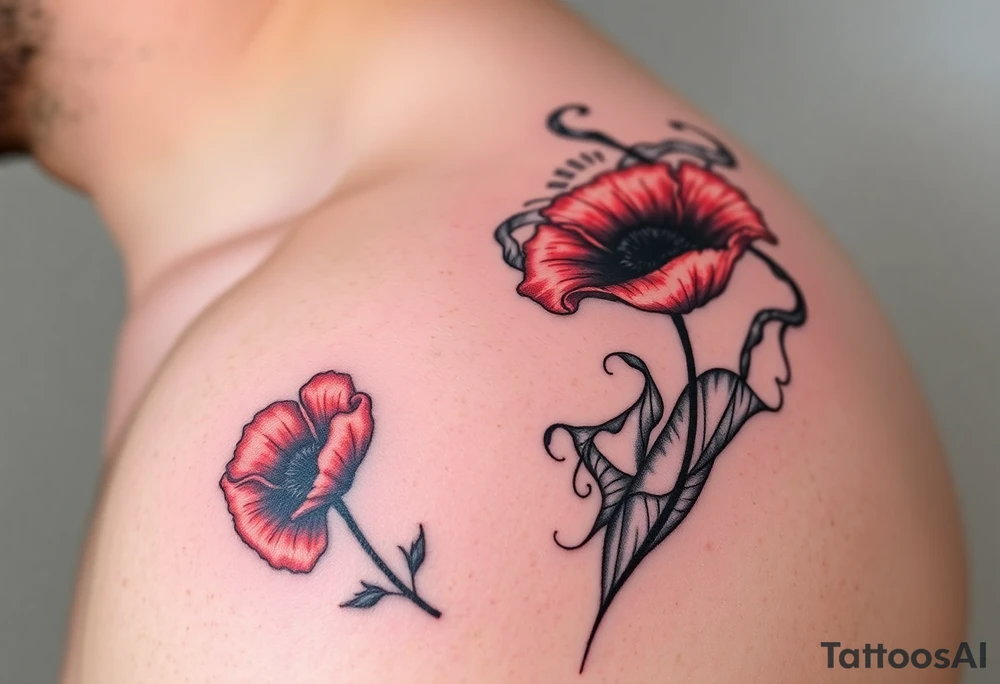 Big army inspired ,Aries, 2 red poppy’s, and smoke tattoo idea