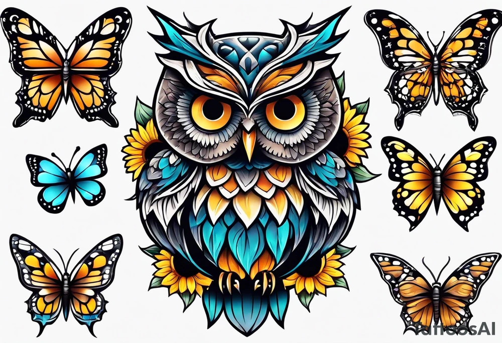 Small owl with butterfly and sunflower leg sleeve tattoo idea