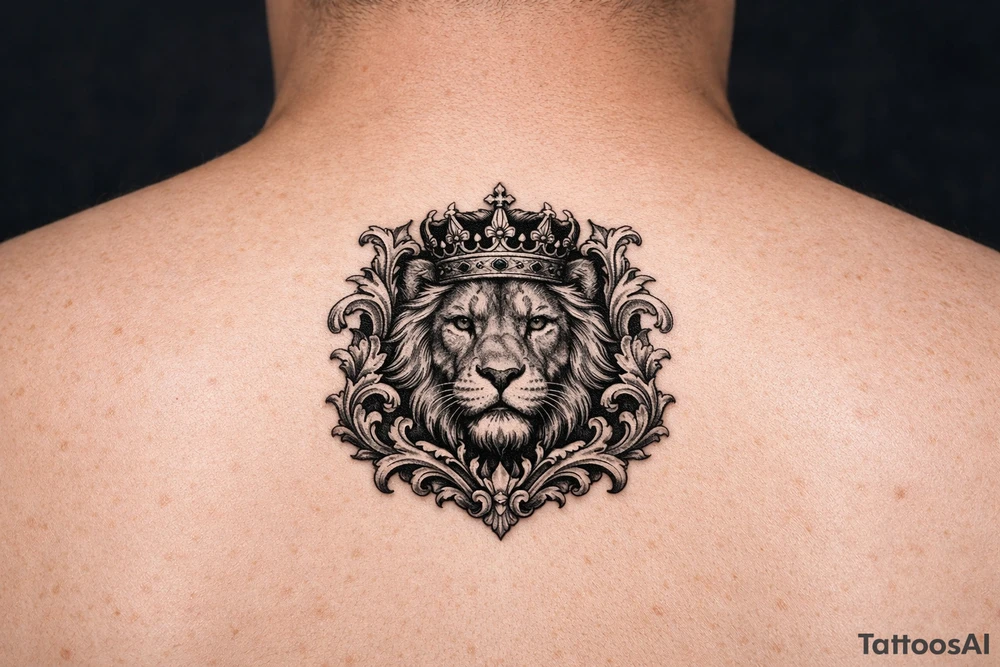 powerful majestic lion with a crown, framed by ornate floral scrollwork tattoo idea