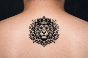 powerful majestic lion with a crown, framed by ornate floral scrollwork tattoo idea