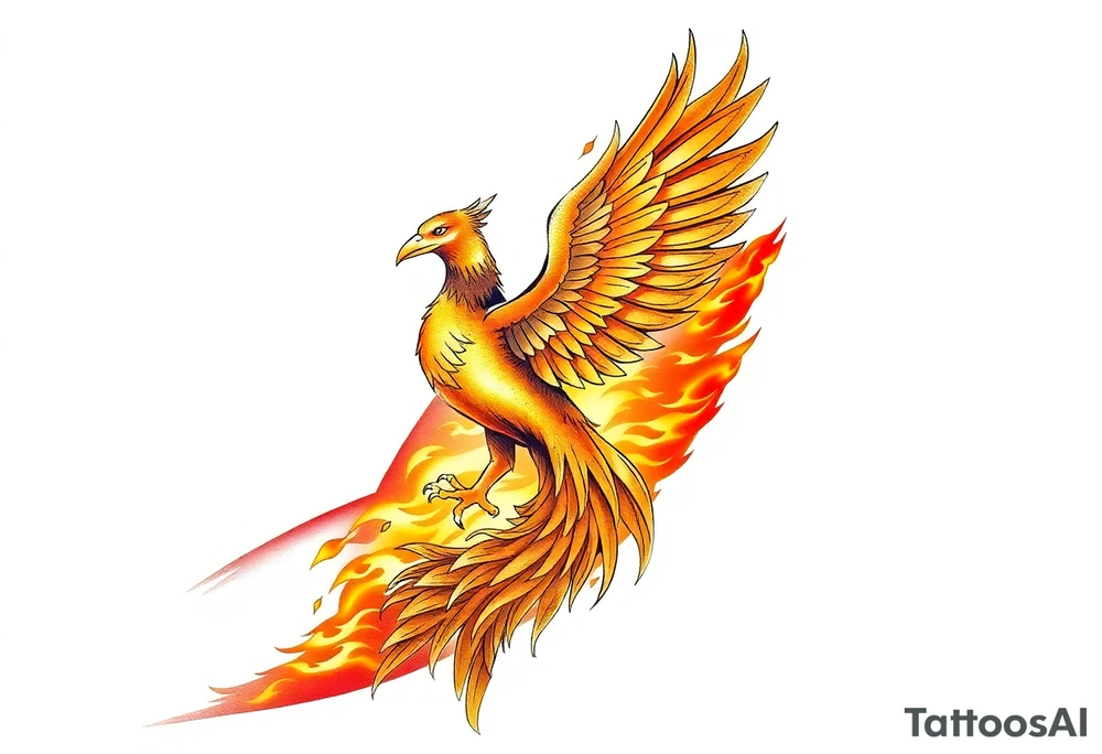 magnificent phoenix rising from golden flames with trailing embers tattoo idea