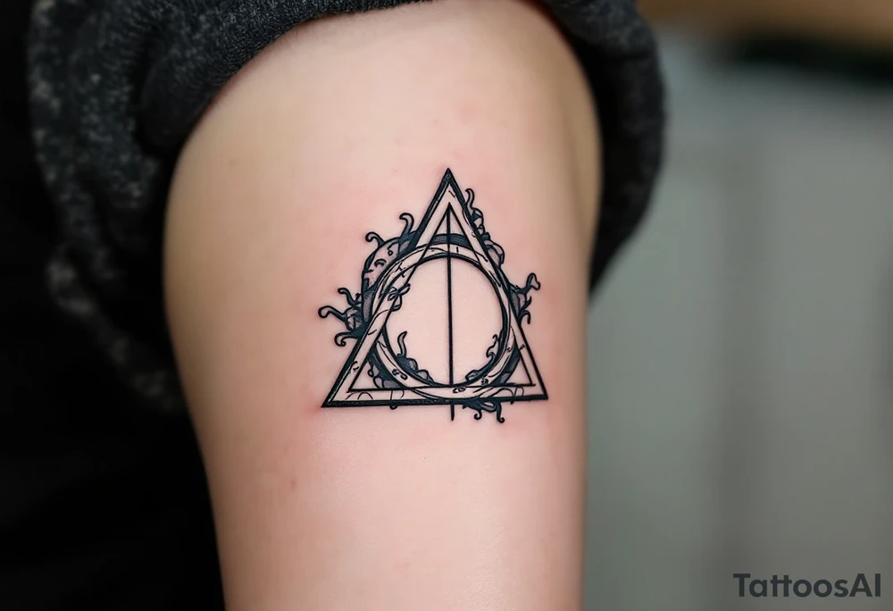 A detailed Deathly Hallows symbol (triangle, circle, and line) surrounded by faint outlines of faces in translucent gray. The ring has subtle green accents, signifying its connection to the world beyond. tattoo idea