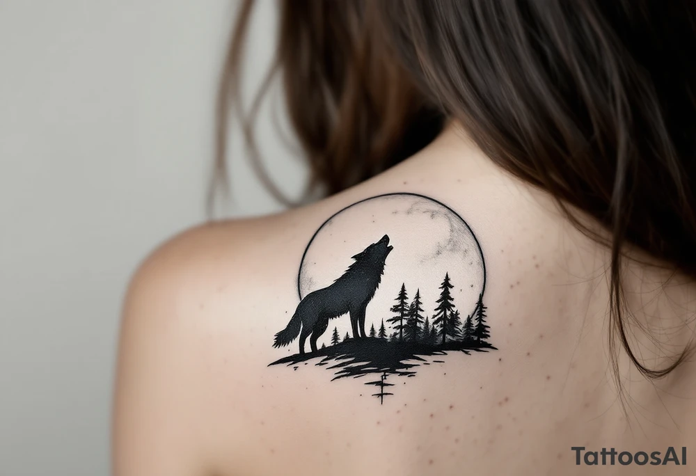 lone wolf howling at full moon with northern lights backdrop tattoo idea