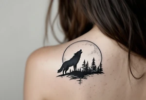 lone wolf howling at full moon with northern lights backdrop tattoo idea