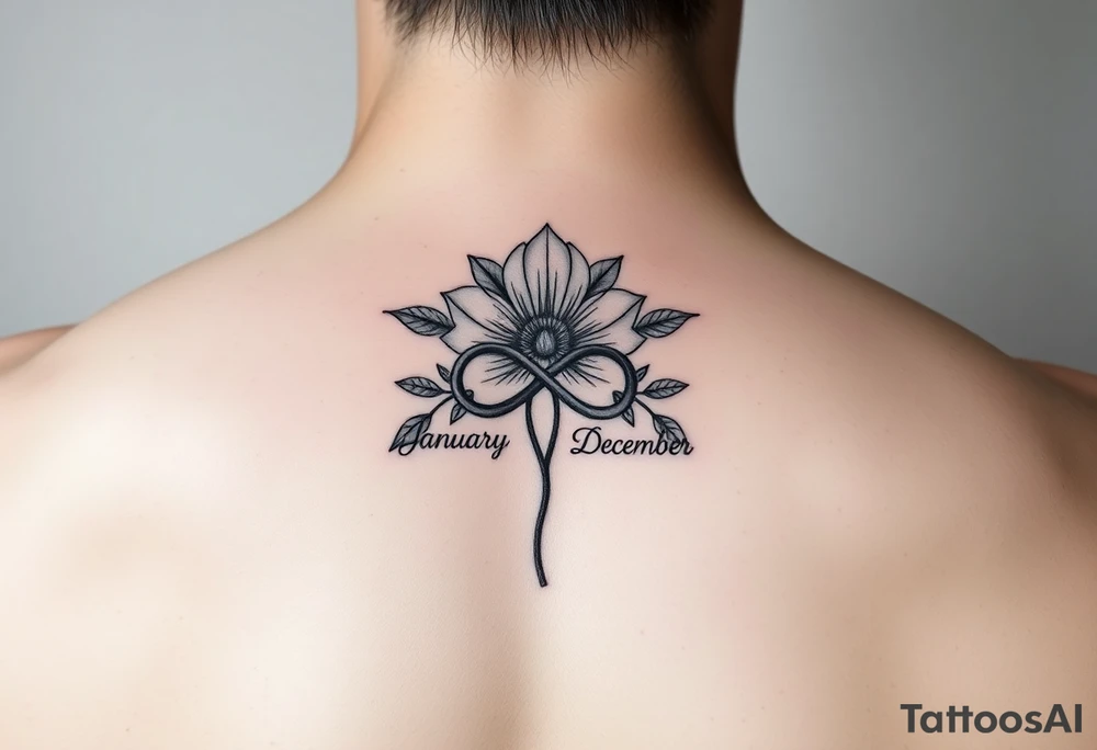 January and December Flower with infinity sign and two names tattoo idea
