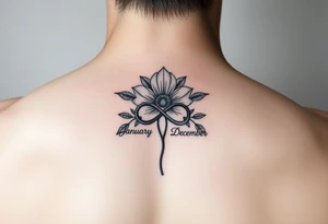 January and December Flower with infinity sign and two names tattoo idea