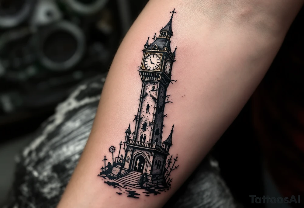 Tim Burton’s clocktower stands crooked and broken, with brass tones and shadowy figures trapped inside. tattoo idea