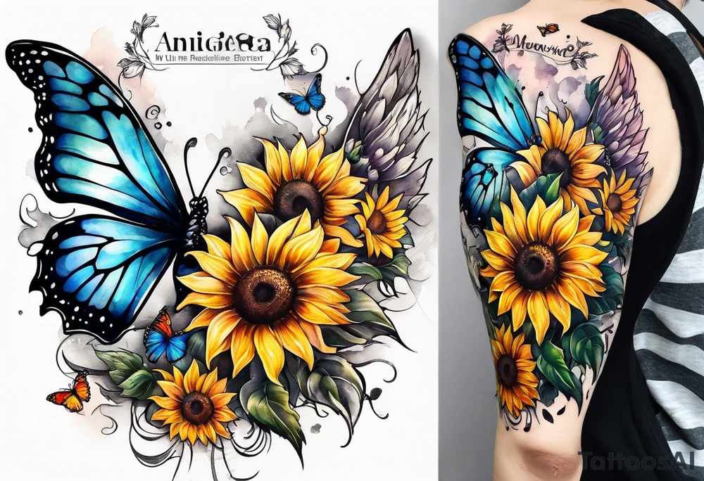 Sleeve with angel wings, sunflower and butterfly tattoo idea