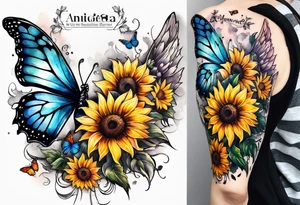 Sleeve with angel wings, sunflower and butterfly tattoo idea