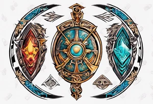 a colorful rectangle-long tattoo within a half-circle configuration with a shield and spear with ancient Greek art intertwined tattoo idea